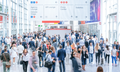 Custom trade show exhibit - people gathering at a trade show event